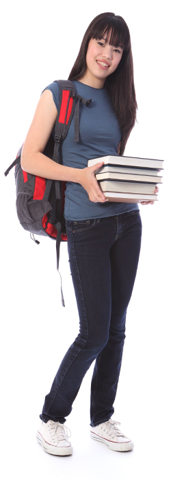 girl wearing backpack holds stack of five books