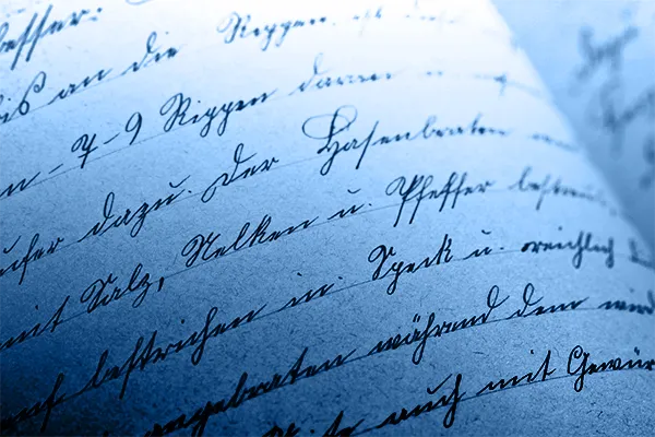 Handwritten page in a journal, blue overlay