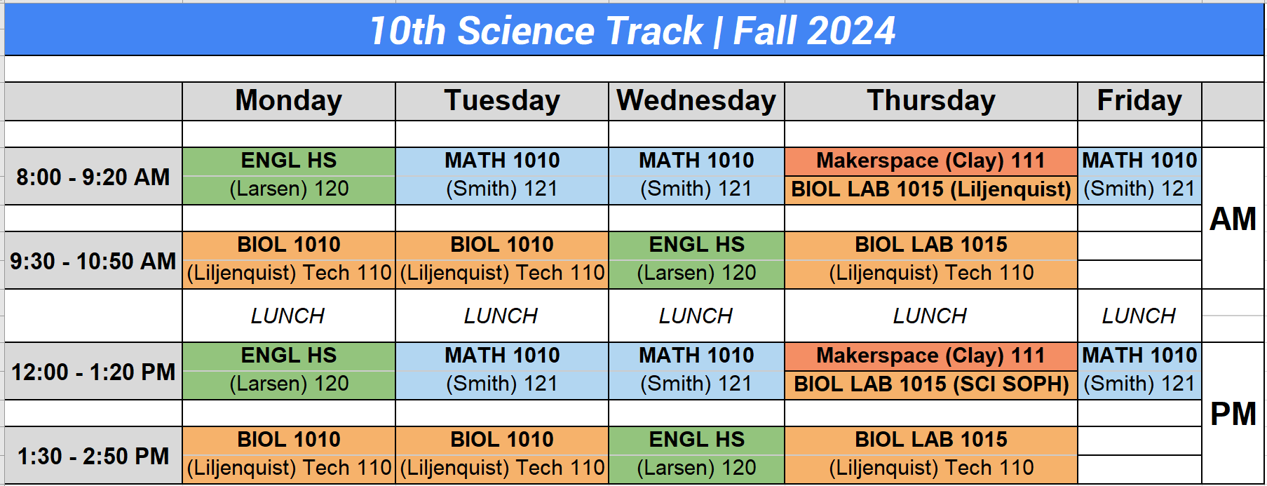 photo of class schedule in grid form