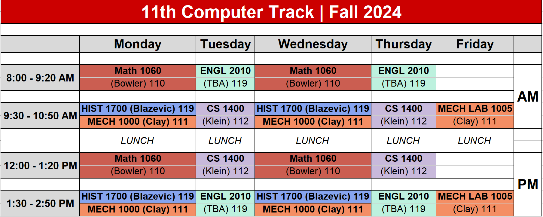 photo of class schedule in grid form